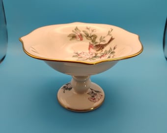 Lenox Serenade Pedestal Compote Bowl 6.5" | Vintage Bird & Floral Footed Dish | 24K Gold Trim Ivory China | Discontinued Lenox