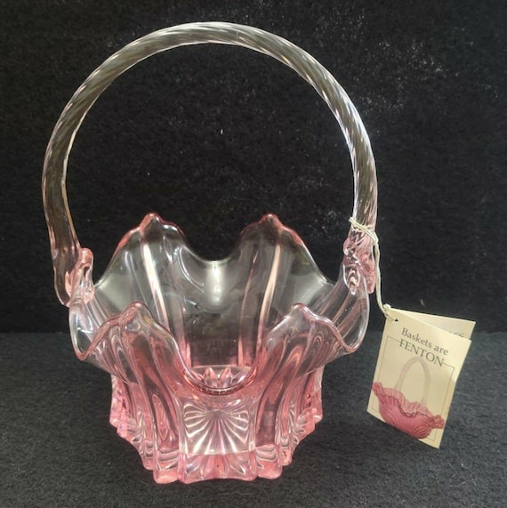 Vintage Fenton Art Glass Basket, Pink Ruffled Rim, Twisted Handle