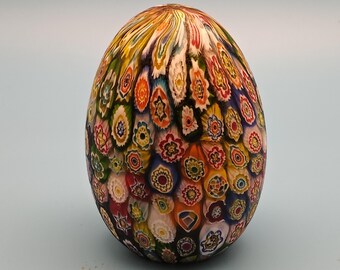 Murano Millefiori Glass Egg Paperweight 3 Inch Italian Art Glass Floral Cane Egg Multicolor Millefiori Orb Original Sticker Collectible