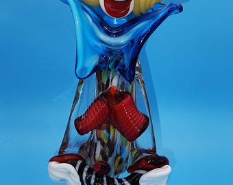 11" Murano Style Glass Clown Figurine Italy Hand Blown Art Glass Clown with Original Sticker Vintage Collectible Circus Decor