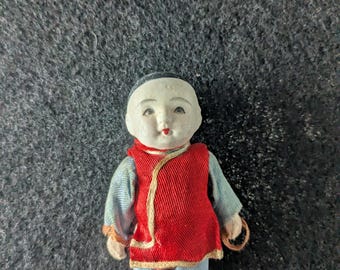 Antique Bisque Frozen Charlotte Penny Doll – Original Chinese Costume, 3.25"