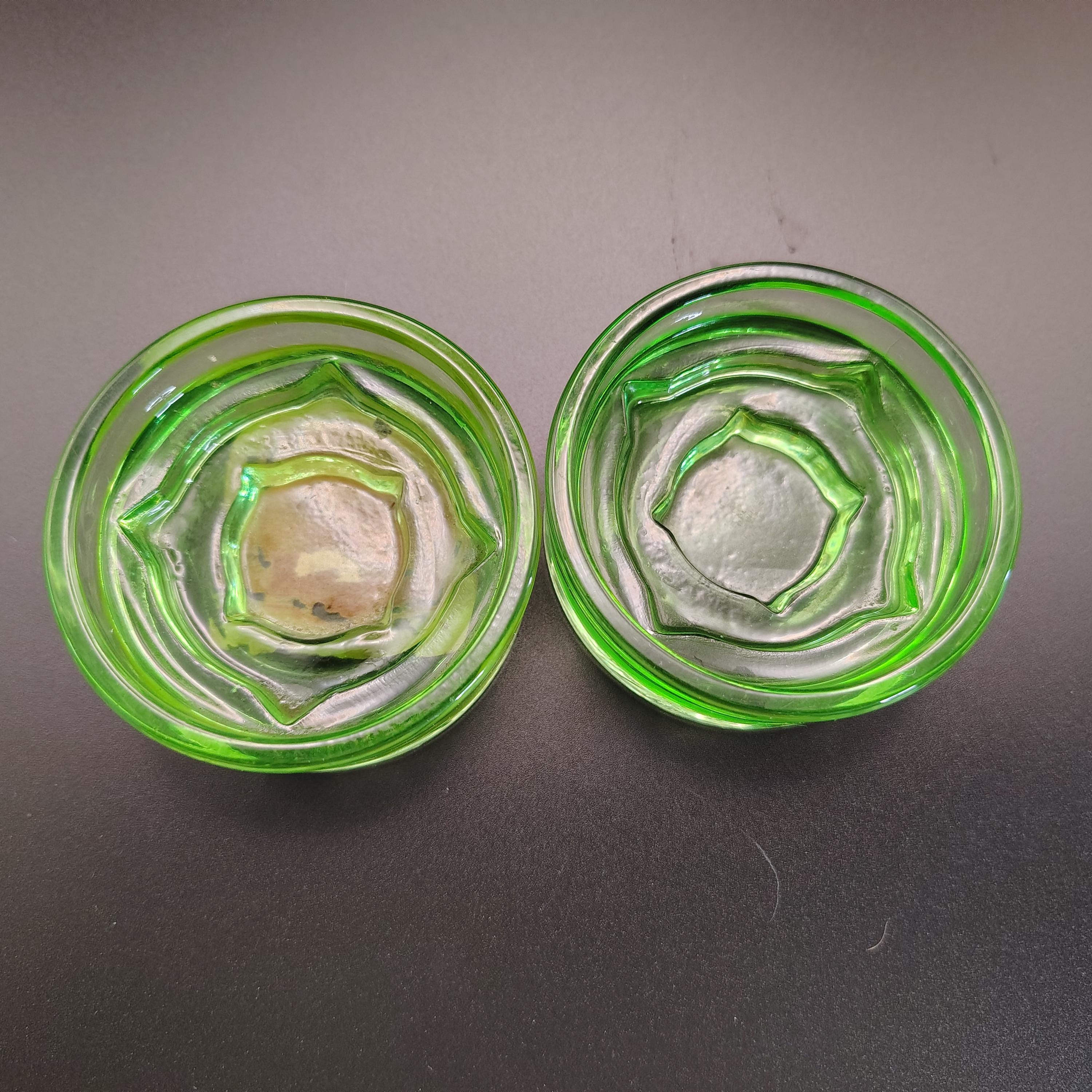 Pair of Vintage Hazel Atlas Green Uranium Glass Furniture Coasters