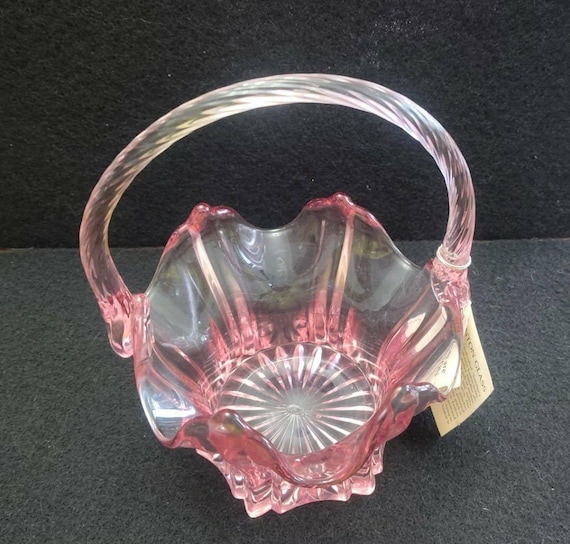 Vintage Fenton Art Glass Basket, Pink Ruffled Rim, Twisted Handle