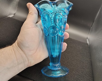 Blue Moon & Stars Glass Vase 6.5" | Cobalt Blue Pedestal Bud Vase | Vintage Style Star Pattern Glass | Decorative Flower Vase