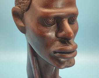 Vintage African Wood Carving Male Bust 1950s 1960s Mid Century Kenya Kamba Tribal Art Sculpture, Hand Carved Hardwood Head, Made in Kenya