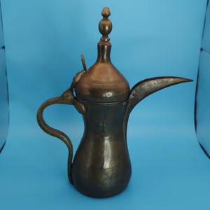 Vintage Middle Eastern Brass Dallah – Signed Arabic Coffee Server, Antique Metal Décor