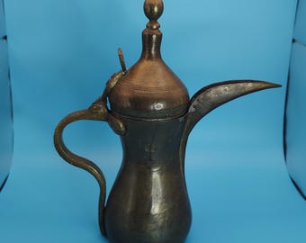 Vintage Middle Eastern Brass Dallah – Signed Arabic Coffee Server, Antique Metal Décor