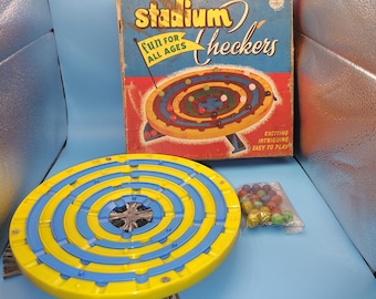 Vintage 1952 Stadium Checkers Board Game by Schaper No. 300 | Complete with Original Marbles & Box | 1950s Nostalgic Retro Family Game Night