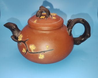 Vintage Yixing Zisha Teapot Signed Jiang Yaping | Handmade Purple Clay Chinese Gongfu Teapot | Plum Blossom Bao Chun Tree Branch Design Art