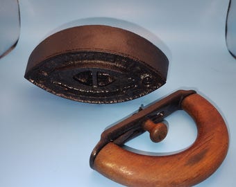 Antique Cast Iron Sad Iron • Wooden Handle Laundry Press, Early 1900s painted and clean for display
