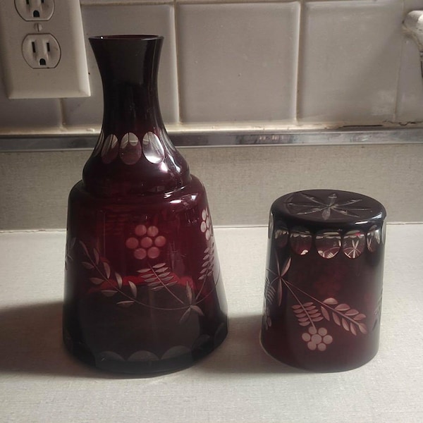 Antique Ruby Flash Etched Glass Carafe & Bedside Water Decanter
