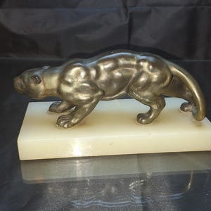Art Deco Bronze Copper Panther Sculpture on Marble Base, 9" Long, Patina, Signs of Wear