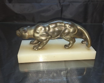 Art Deco Bronze Panther Sculpture: Patina Marble Base (9 inch)