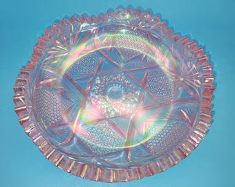 Pink Carnival Glass Bowl 8 Inch Iridescent Starburst Pattern Scalloped Edge Vintage Glass Dish Candy Bowl Mid Century Decor