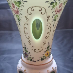 Bohemian Czech Cut Glass Vase Hand Painted Floral Design White 6.5&quot; Rare Cased Glass