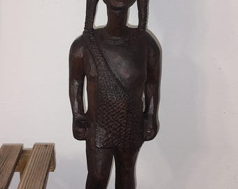 Vintage 20" African Warrior Statue Hand Carved Kenyan Wood Figure, Mid Century Mid-Mod Kamba Tribal Folk Art Sculpture, 1950s 1960s Boho Hom