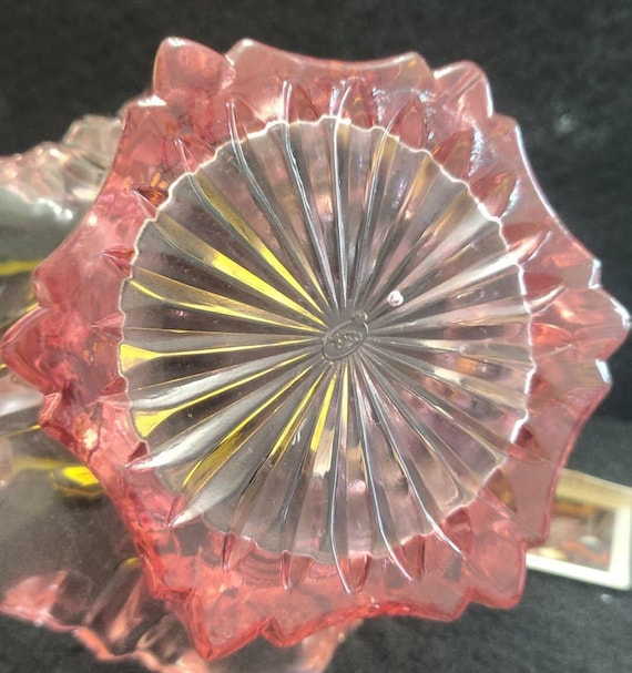 Vintage Fenton Art Glass Basket, Pink Ruffled Rim, Twisted Handle