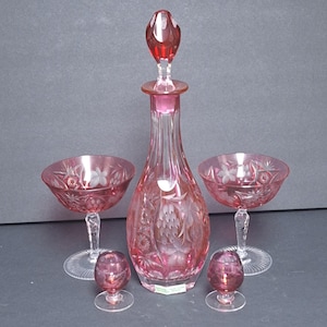 Vintage Nachtmann Traube Cranberry Crystal Decanter Set with Martini & Cordial Glasses