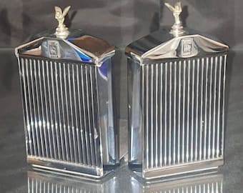 Rare Vintage Rolls Royce Bookends — Set of Two, 5" Tall, Chrome Finish, Collectible