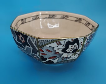 Mason's Ironstone Appliqué Octagonal Bowl 7" England Vintage Floral Gold Trim