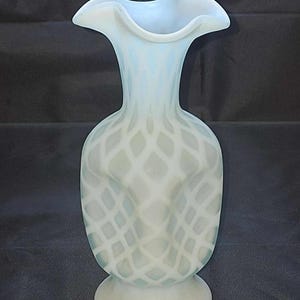 Fenton Blue Satin Diamond Optic Pinch Vase ~ 1950s ~ Ruffled Rim