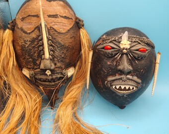 Vintage Kenyan African Wall Mask | Mid Century Hand Carved Wood Tribal Style Mask with Fiber Hair | Ethnographic Safari Decor Art