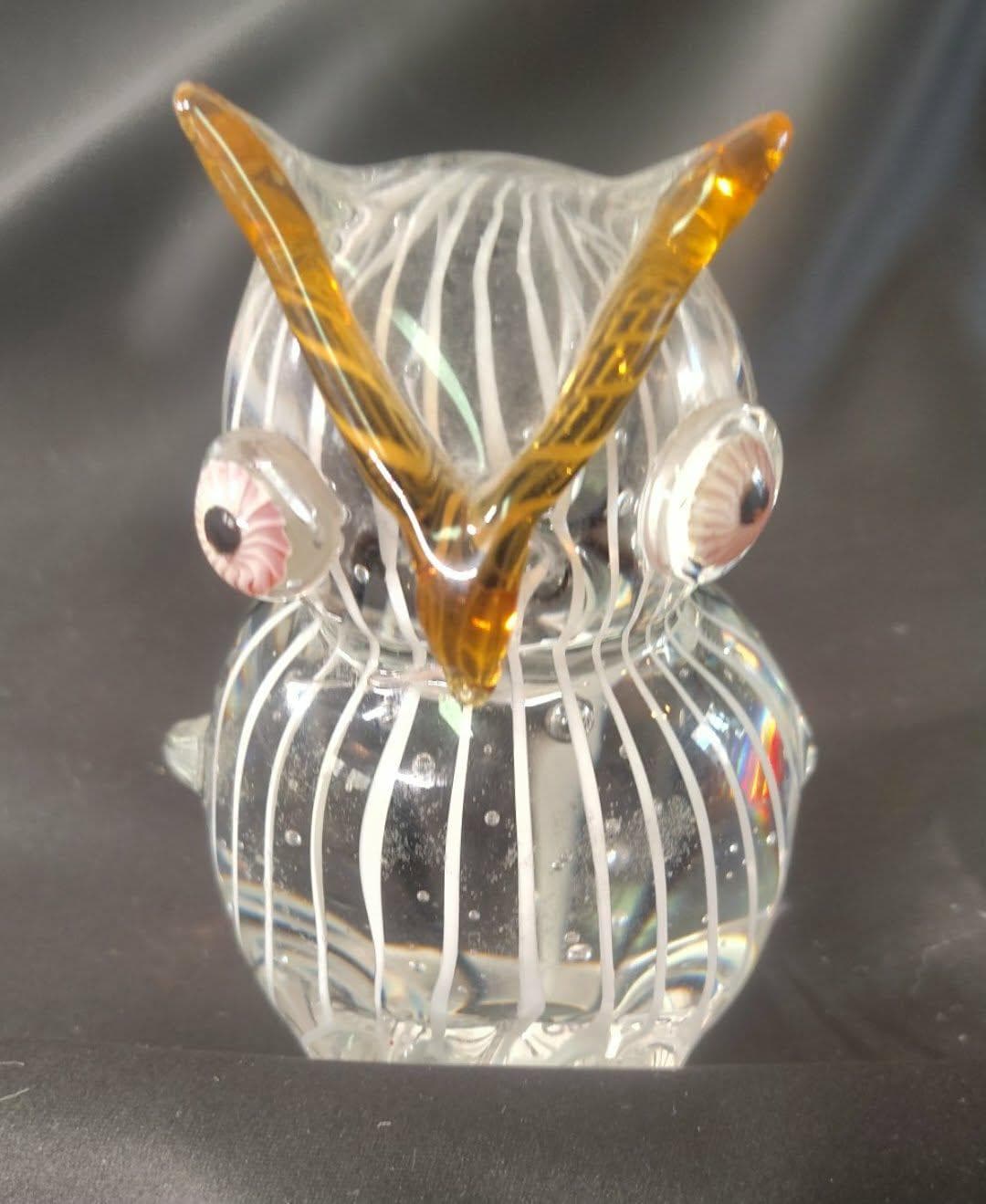 Vintage Murano Style Glass Owl Figurine &ndash; Amber & Pink Accents