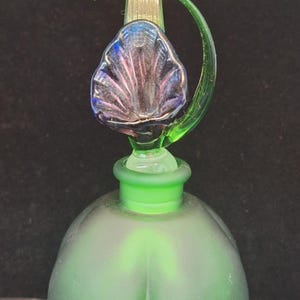 Vintage Green Glass Perfume Bottle – Hand-Blown Flower Stopper – 6.75” Tall