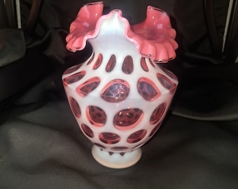 Fenton Cranberry Opalescent Coin Dot Ruffled Vase-vintage - Etsy