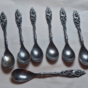 Set of 7 Georg Nisson GERO 90 Silverplate Holland Spoons – 3.5&quot; – Floral & Bird Design