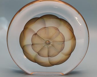 Michael O’Keefe Signed 1985 Art Glass Paperweight 4.75 Inch Amber Spiral Orb Studio Glass Hand Blown Desk Sculpture Collectible