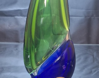 Large Skrdlovice Beranek Czech Bohemian Art Glass Vase – Cobalt Blue & Emerald Green - Signed