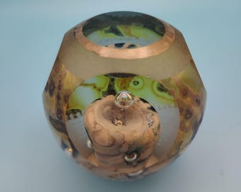 Vintage Michael O'Keefe Studio Glass Paperweight Orb Sculpture Signed Silver Veiling Copper Rim 1980s