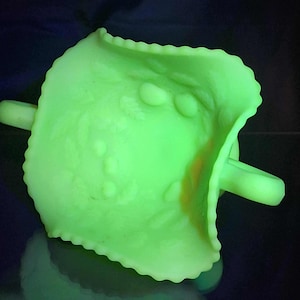 1970s Fenton Lime Green Satin Uranium Glass Candy Dish ~ Signed ~ Glows Under Black Light