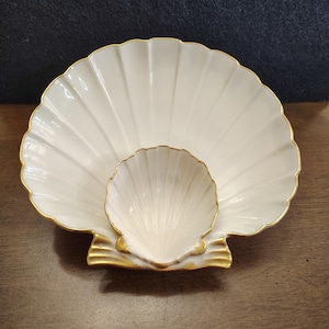 Vintage Lenox Aegean Collection Shell Chip and Dip Server | Ivory Bone China with 24K Gold Trim | Scalloped Seashell Serving Dish | Mid-Cent