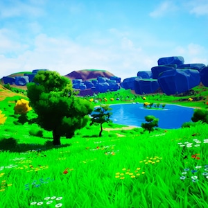 Puede incluir: Una vibrante escena de paisaje con un cielo azul brillante, un lago sereno y exuberante hierba verde. Grandes formaciones rocosas azules y árboles con follaje amarillo y verde añaden profundidad. Pequeñas flores blancas y amarillas en primer plano.
