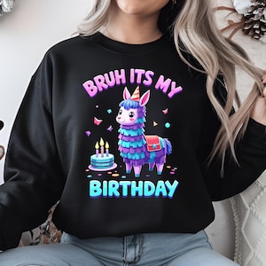 May include: Black sweatshirt with a colorful llama wearing a party hat and holding a birthday cake. The text "BRUH ITS MY BIRTHDAY" is printed on the shirt.