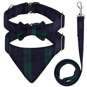 Dog Collar and Leash Set–Scottish Tartan Plaid Dog Bow Tie and Neckerchief, Tangle Free, Adjustable Collars, Traditional Style (Black Watch)