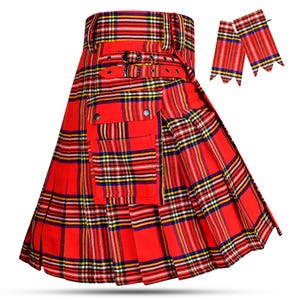 Pu&ograve; includere: Un kilt in tartan rosso con un vivace motivo a quadri composto da linee gialle, bianche e blu. Il capo presenta una grande tasca cargo sul davanti, due cinghie regolabili con fibbie nere in vita e un paio di nastri per kilt abbinati.