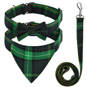 Dog Collar and Leash Set – Scottish Tartan Plaid Dog Bow Tie and Neckerchief Dog, Dog Leash Tangle Free, Adjustable Collars Celtic