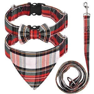 Dog Collar and Leash Set – Scottish Tartan Plaid Dog Bow Tie and Neckerchief Dog, Dog Leash Tangle Free, Adjustable Collars Dress Stewart