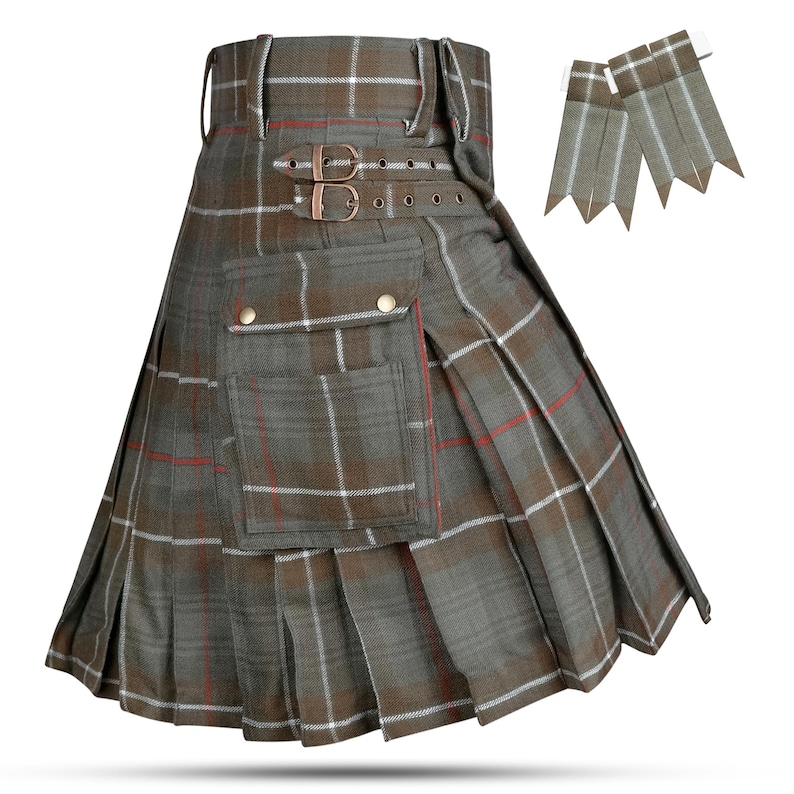 May include: A grey and brown plaid kilt featuring a large cargo pocket with metallic snap buttons, two adjustable side straps with metal buckles, and a pleated design. Two matching fabric tabs with pointed ends are positioned above the kilt.