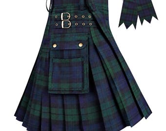 May include: A pleated kilt featuring a dark green and navy blue tartan pattern. The garment includes two adjustable metal buckles at the waist, a large front cargo pocket with two snap buttons, and a pair of matching tartan flashes with pointed ends.