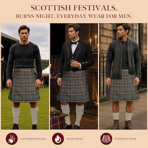 May include: A grey plaid kilt featuring thin red and white horizontal and vertical stripes. The kilt is shown in three different outfits: paired with a black cable-knit sweater, a black tuxedo jacket with a bowtie, and a grey sweater with a scarf.