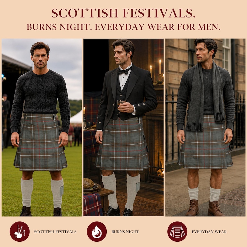 May include: A grey plaid kilt featuring thin red and white horizontal and vertical stripes. The kilt is shown in three different outfits: paired with a black cable-knit sweater, a black tuxedo jacket with a bowtie, and a grey sweater with a scarf.