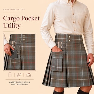 May include: A grey and brown plaid utility kilt featuring a cargo pocket, two side buckles, and silver-toned hardware. The kilt is paired with a light-colored button-down shirt. Text on the image reads Highland Redstone, Cargo Pocket Utility.