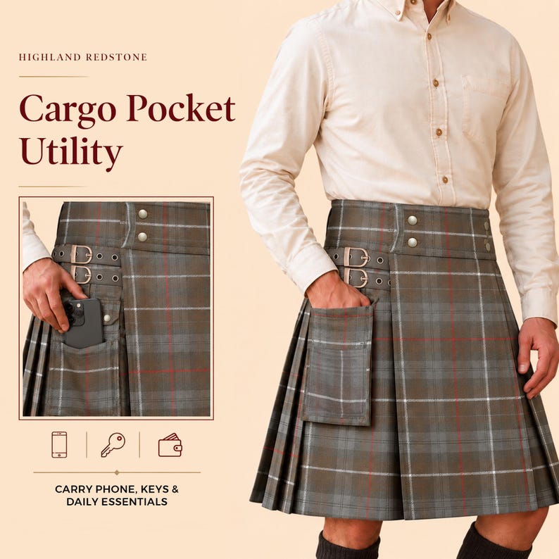 May include: A grey and brown plaid utility kilt featuring a cargo pocket, two side buckles, and silver-toned hardware. The kilt is paired with a light-colored button-down shirt. Text on the image reads Highland Redstone, Cargo Pocket Utility.