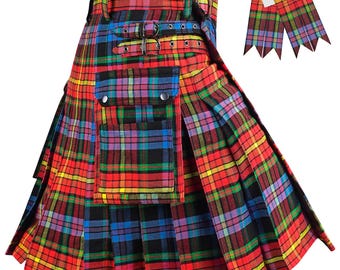 May include: A pleated kilt featuring a vibrant red, blue, green, and yellow plaid pattern. The garment includes a large front cargo pocket with two metal snaps, two adjustable side straps with metal buckles, and a pair of matching plaid flashes.