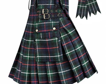 May include: A pleated kilt featuring a dark green, blue, and white tartan pattern with thin red accent lines. The garment includes two adjustable metal buckles at the waist, a large front cargo pocket with two silver-toned snaps, and matching flashes.