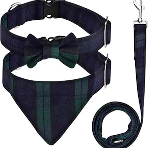 Handmade Tartan Dog Collar and Leash Set – Scottish Tartan Plaid Dog Bow Tie and Neckerchief Dog, Dog Leash Tangle Free, Adjustable Collars